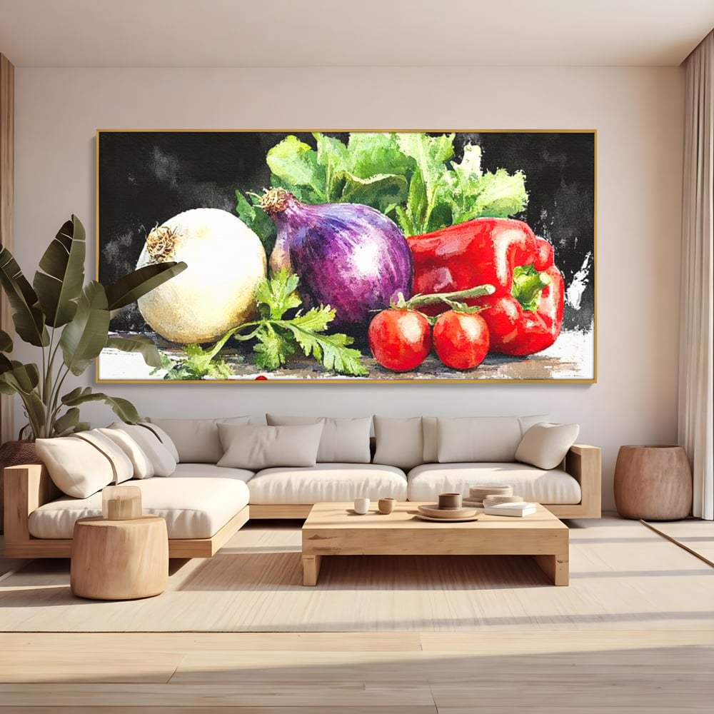 Tablou canvas cu pictura cu legume proaspete si verdeturi, in rama de aluminiu auriu, pe perete intr-un living